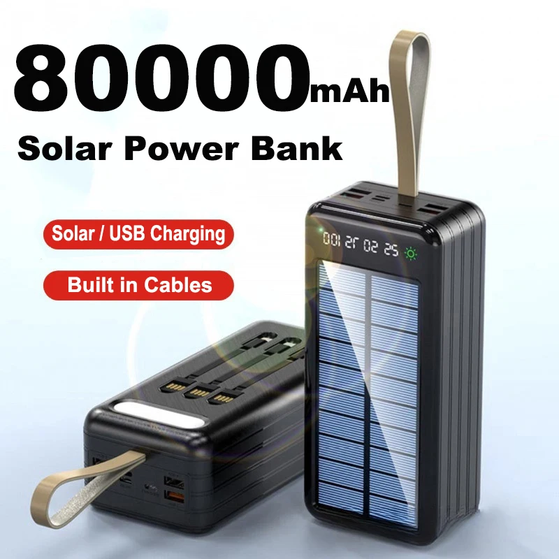 

Solar Power Bank 80000mAh Built in Cable Solar Panel Fast Charger Powerbank for iPhone 17 Samsung Huawei Xiaomi External Battery