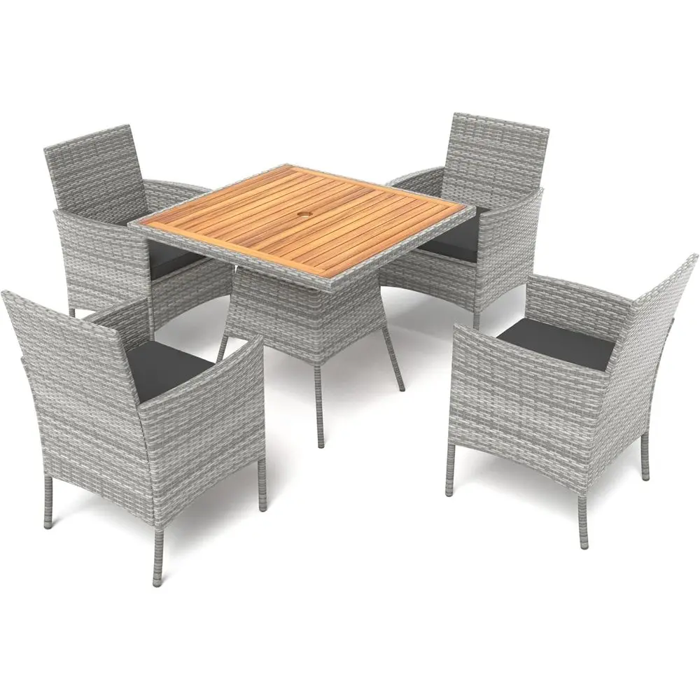 

Black 5-Piece Outdoor Acacia Wood Patio Dining Set with Cushions and Umbrella Hole