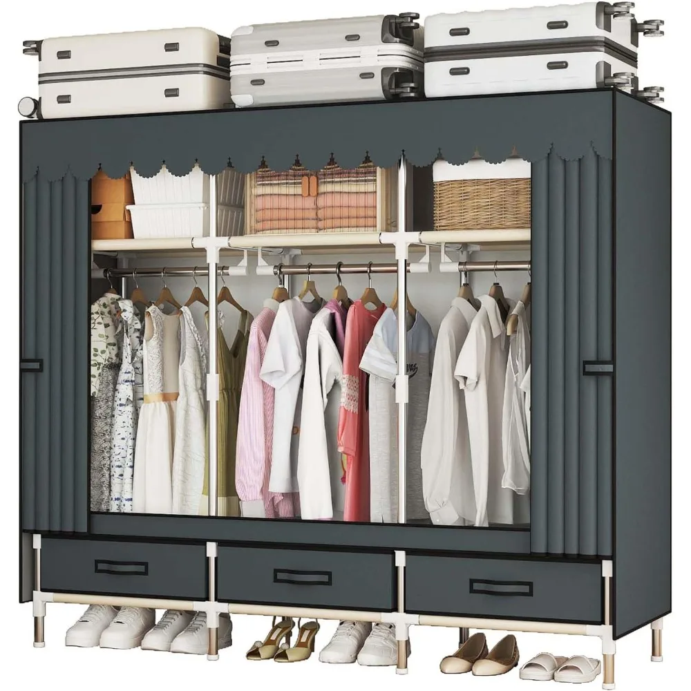 Portable Wardrobe Closet Durable and Easy to Assemble Heavy Duty Clothes Rack with Non-Woven Cover Fabric Best for Bedroom and E