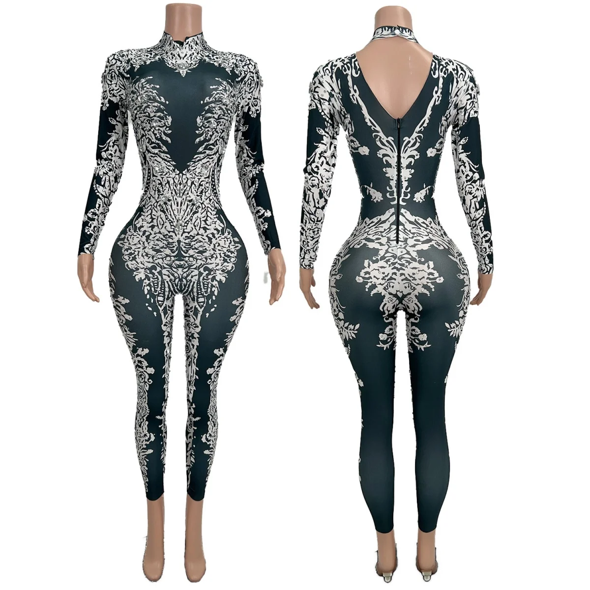 

Sexy Rhinestone Elastic Printing Jumpsuit Female Dance Performance Costume Stage Drag Queen Event Wear Nightclub Outfit Putao
