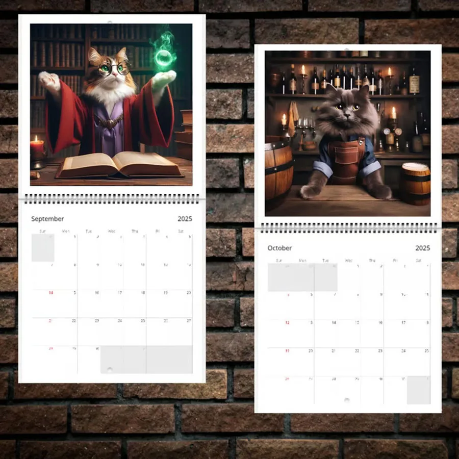 1pc 2025 Medieval Adventure Cat Calendar - Monthly Wall Hanging Planner with Artistic Feline Characters,  and Living Room Decor