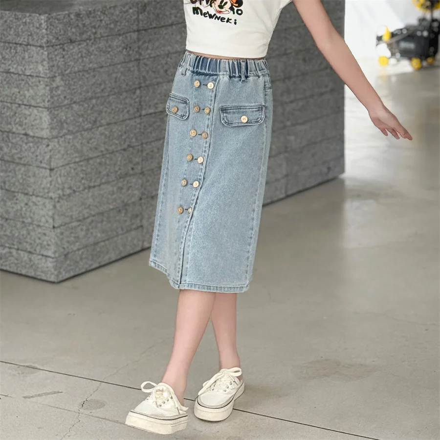 Elegant Children Summer Long Denim Skirt with Buttons for Girls Stylish Streetwear Bottoms Tweens Kids Casual Jeans Skirt 5-14T - view 6