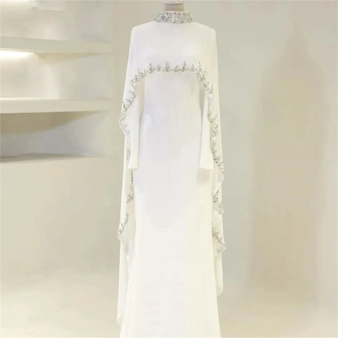 

Elegant White Evening Formal Dress High Neck Crystal Beads A-line Prom Pageant Party Gowns Arabic Dubai Robe De Soiree