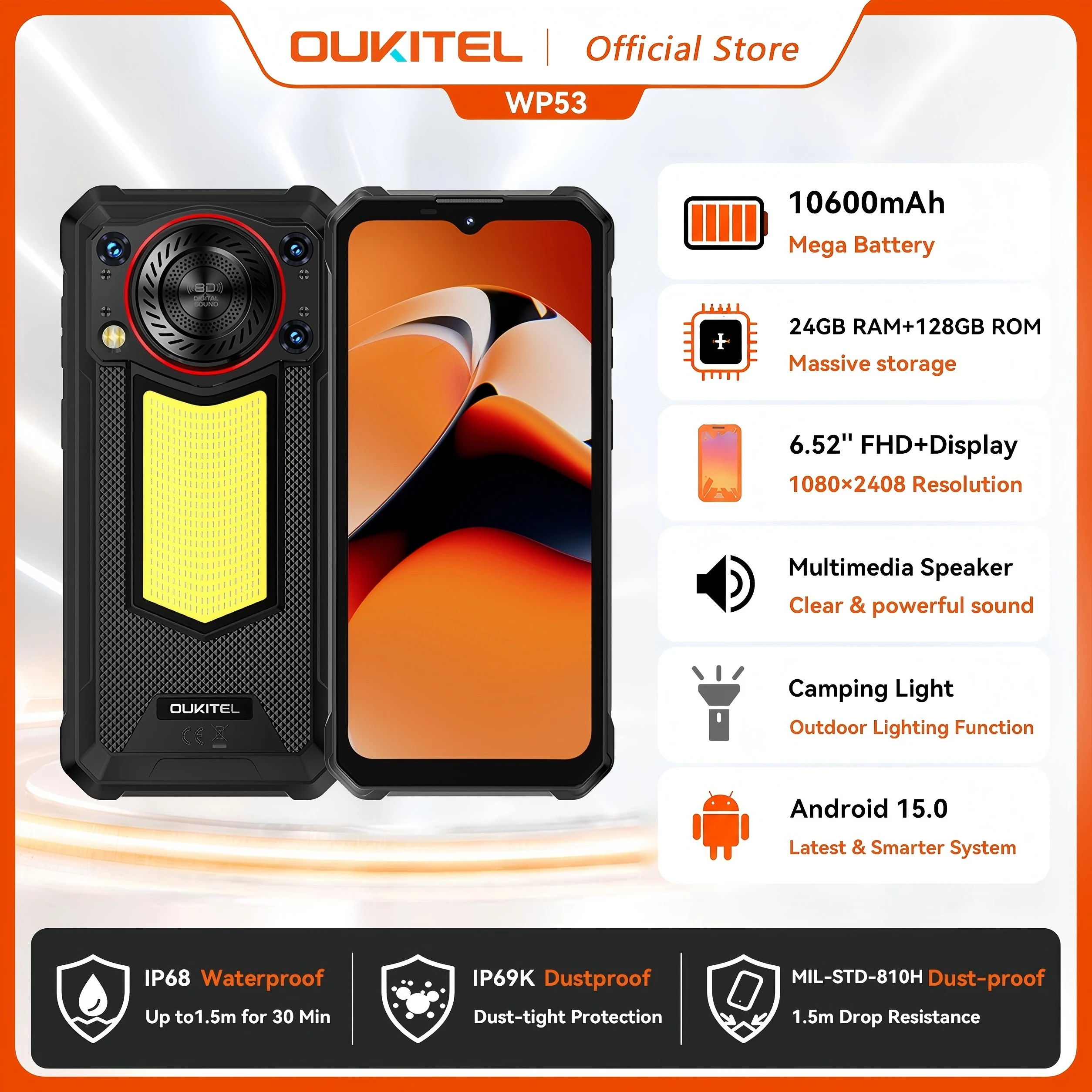 OUKITEL WP53 Rugged Phone 24GB+128GB 11000mAh Battery Android 15 Smartphone 6.52'' HD+ Display 128dB Loudspeaker 13MP Camera IP68
