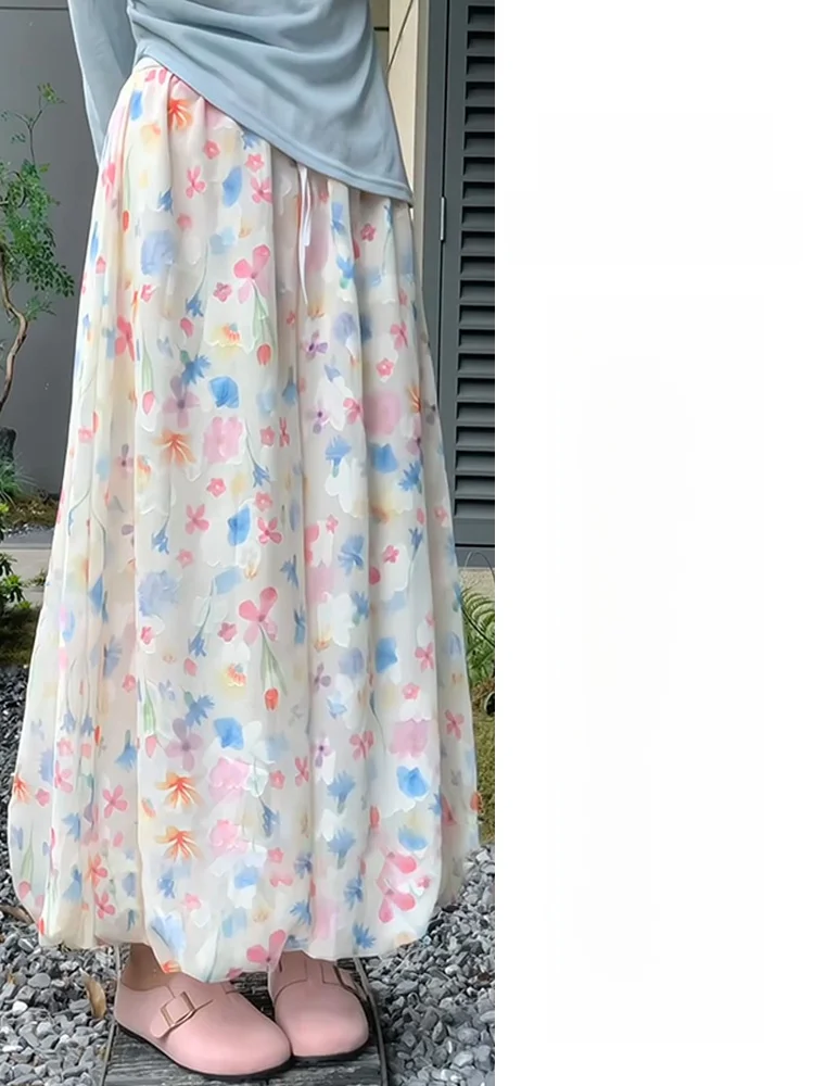   아이스 실크 하이웨이스트 플라워 버드 스커트 팬츠 여성 여름 신상 디자인 플로럴 페어리 쿨 쿨 팬츠 캐주얼 스트레이트 레그