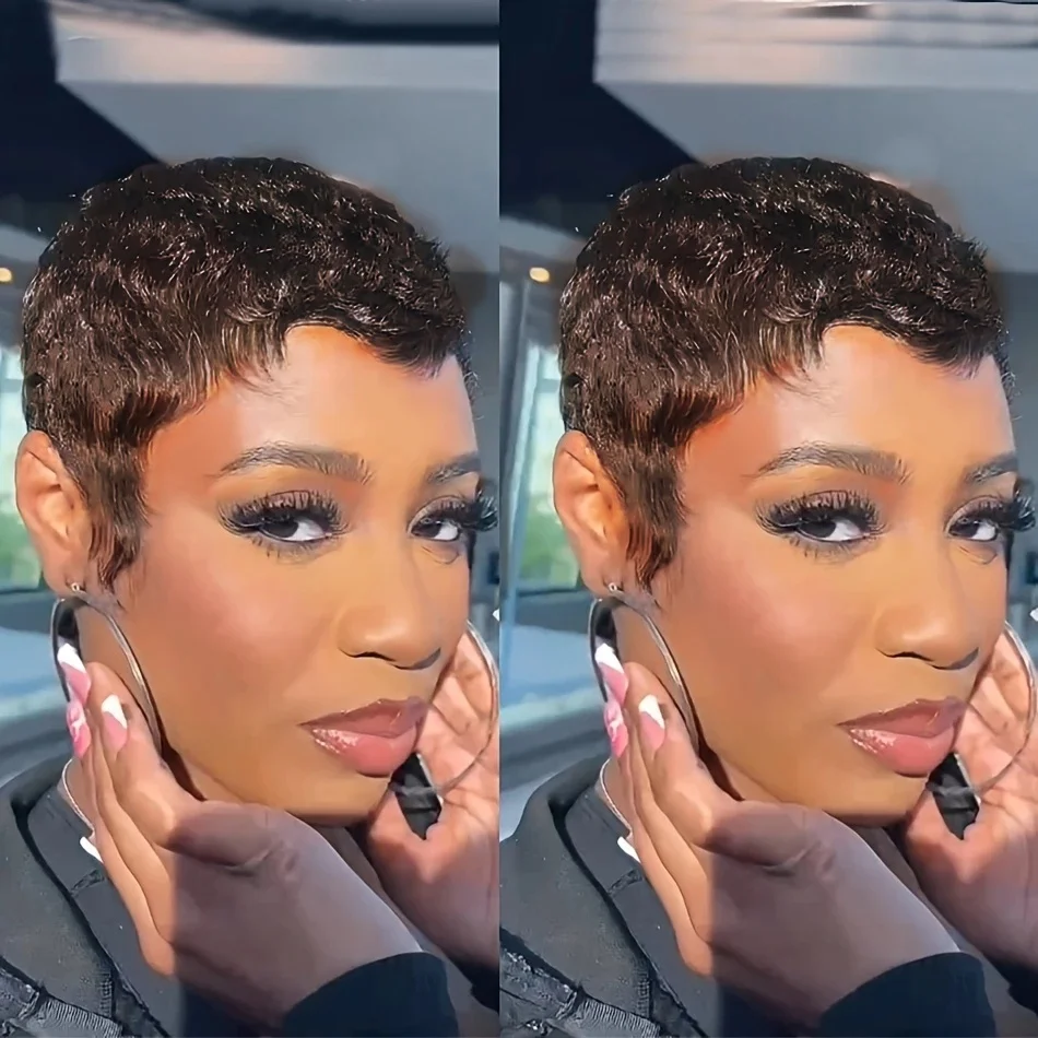 픽시컷 컬러 인모 가발 (앞머리 포함) 여성용 풀머신 제작 가발, 내추럴 브라운 99J, 파티 및 데일리룩