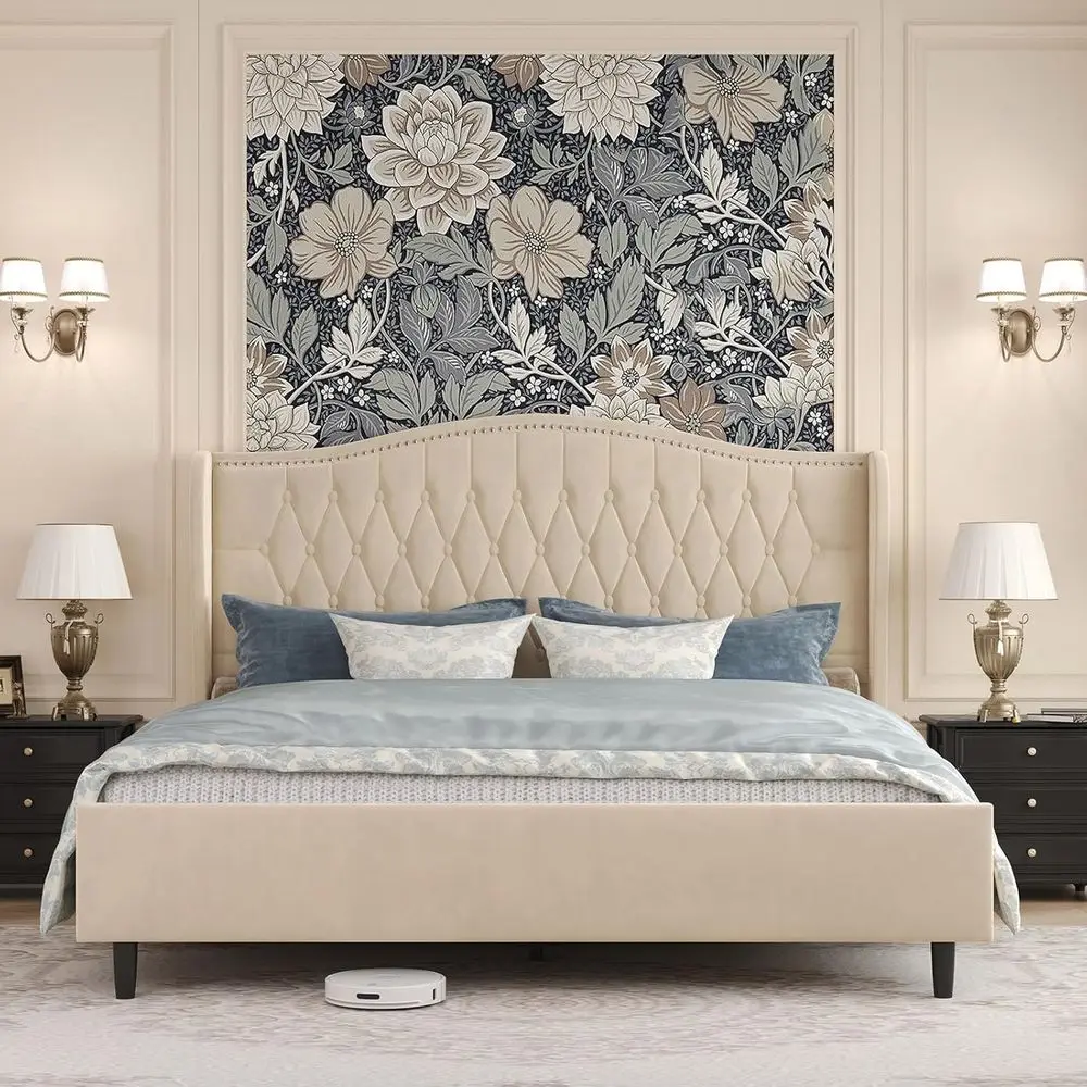 Luxury Velvet Wingback Bed with Button Tufting and Nailhead Trim, Beige, No Box Spring Needed, Anti-Slip, Silent