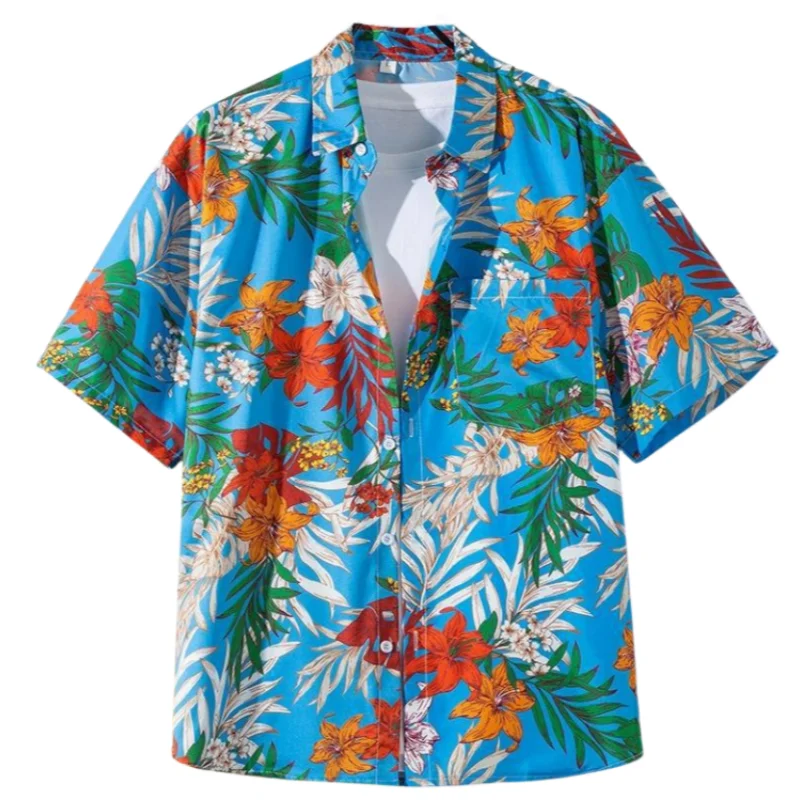 Men's Summer Seaside Retro Hawaiian Short Sleeve Printed Shirt Fashion Loose Casual Handsome Beach Vacation Floral Shirt Coat