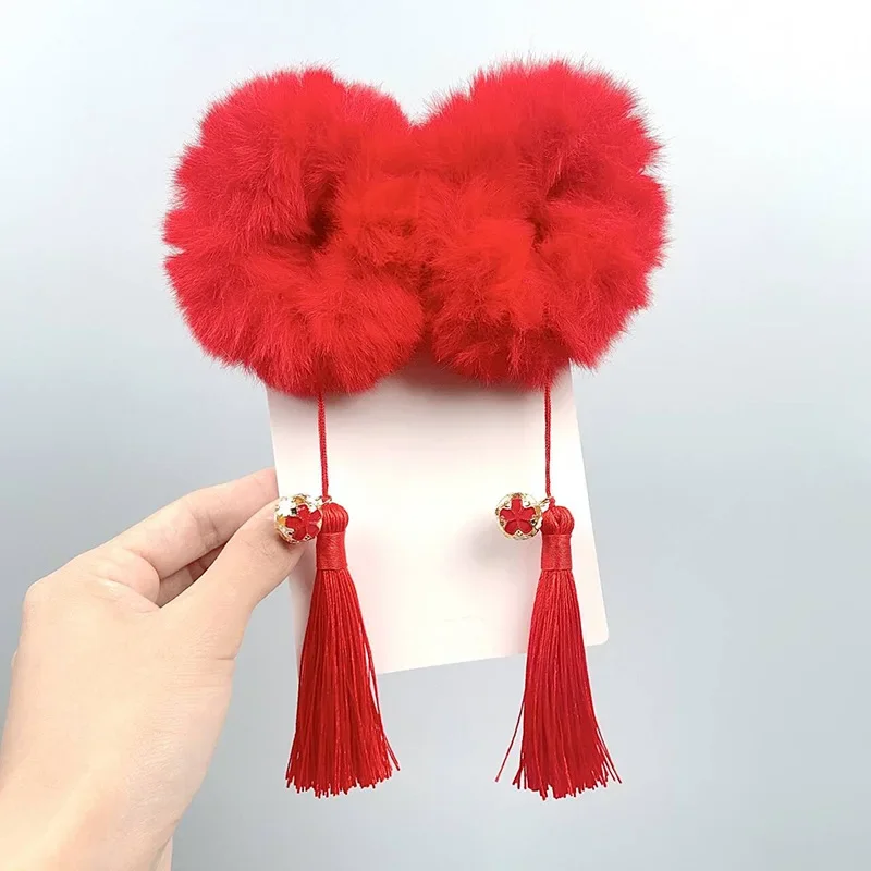 

NEW Children's Hair Accessories New Year's Looped Hair Accessories Girls' Red Plush Hair Rope Holiday Accessories