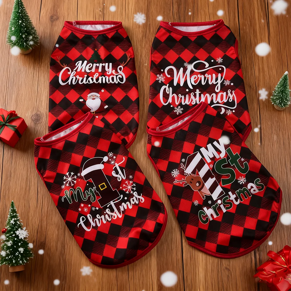 4-teiliges weiches Haustierweste für kleine mittelgroße Hunde und Katzen, süßer Weihnachtsmann, Diamant-Plaid-Druck, Kätzchen, bequemes T-Shirt, Sphynx-Kostüm-Mantel