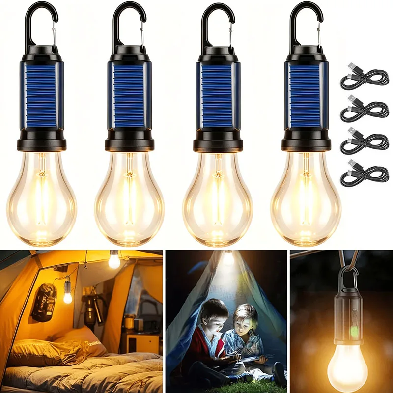 Solar Camping Light LED Tent Lantern Portable Outdoor Waterproof Emergency Light Bulb with Hook for Hiking Party Camping Fishing