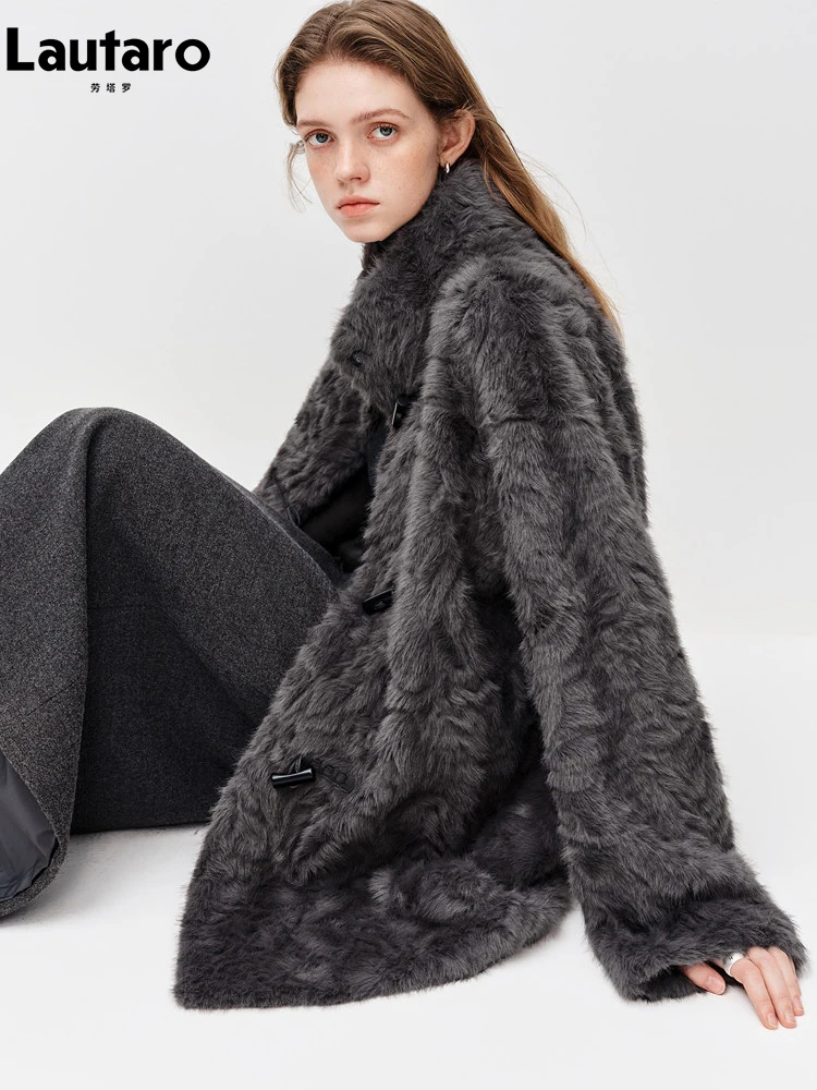 

Lautaro Autumn Winter Thick Warm Preppy Style Retro Fuzzy Faux Fur Coat Women Stand Collar Horn ButtonLuxury Fluffy Jacket 2026