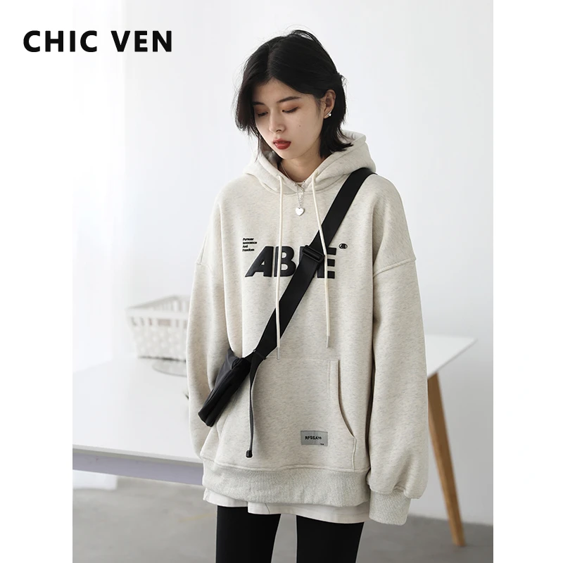 

CHIC VEN Women Hoodies Sweatshirts Loose Warm Thick Fleece Streetwear Casual Letter Sport Coat Female Autumn Winter Clothes 2022