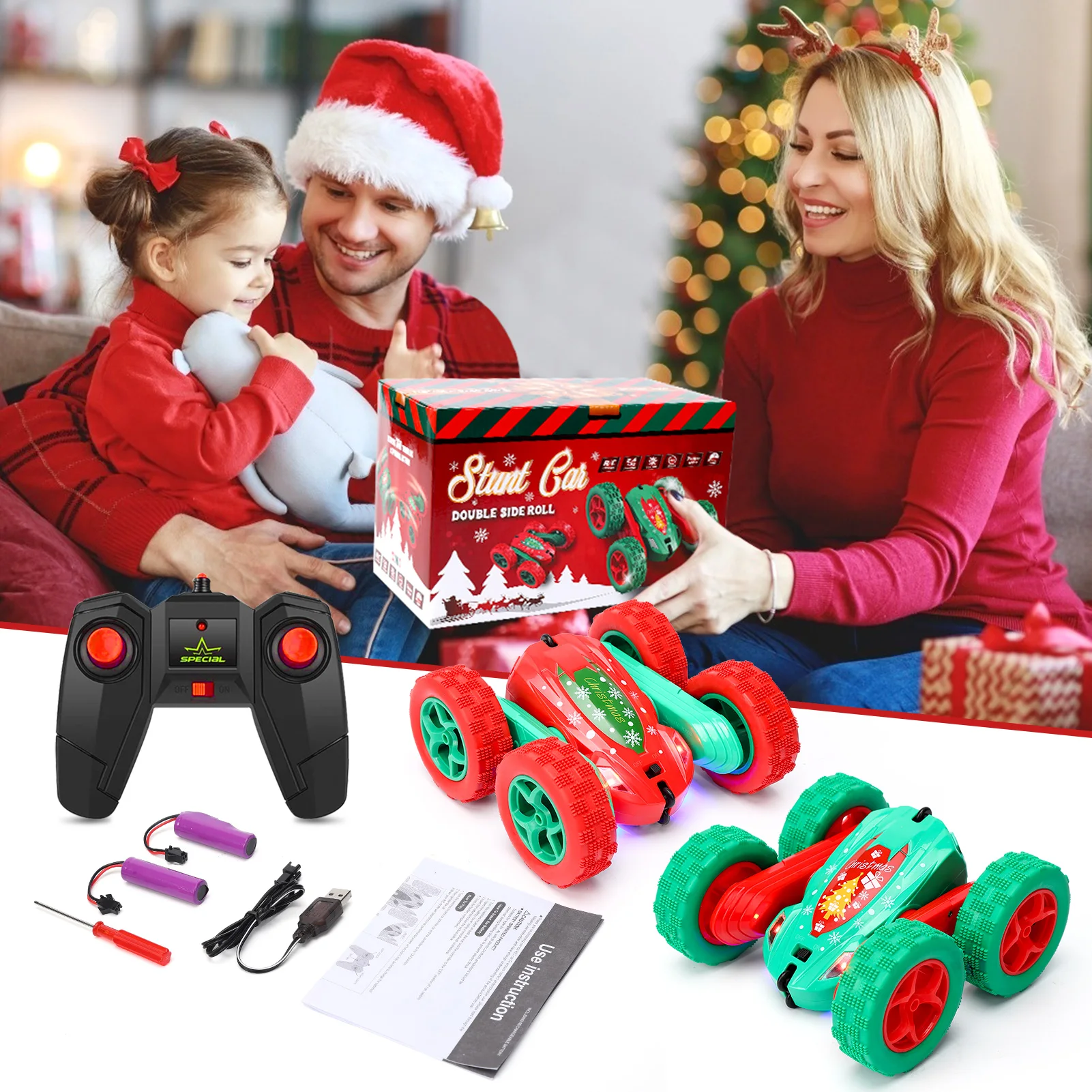 2PACK Remote Control Car RC Stunt Car for Kids,2.4Ghz High Speed Rock Crawler Vehicle,360 Rotating 4WD Off Road Double Sided Rotating Tumbling with 4 Rechargeable Battery.