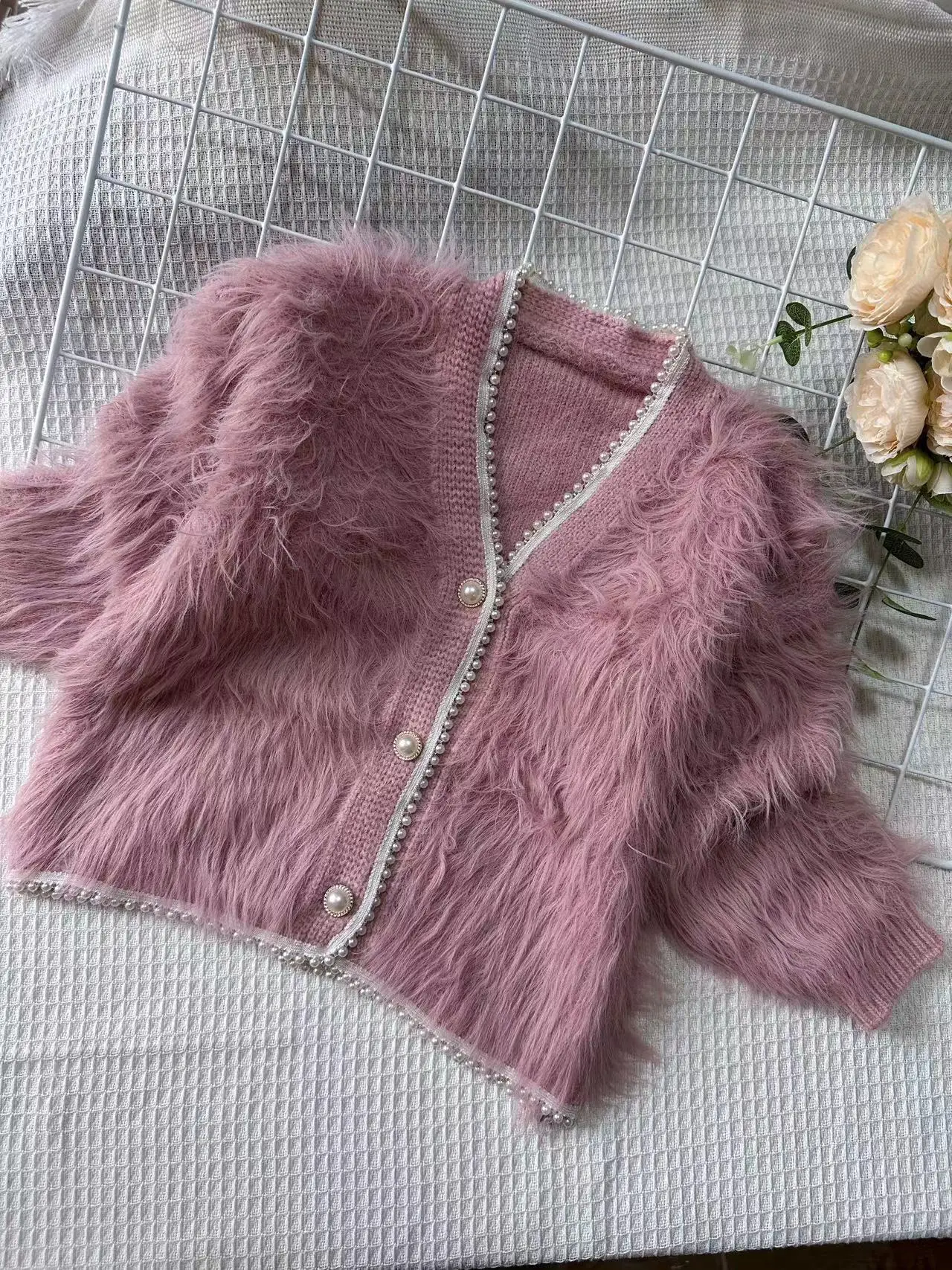 Autumn Winter Girls Cardigans Sweater Fluffy Faux Fur Jackets  Furry Pearl Beaded V-neck Long Sleeve Coats Childs Spring Outwear