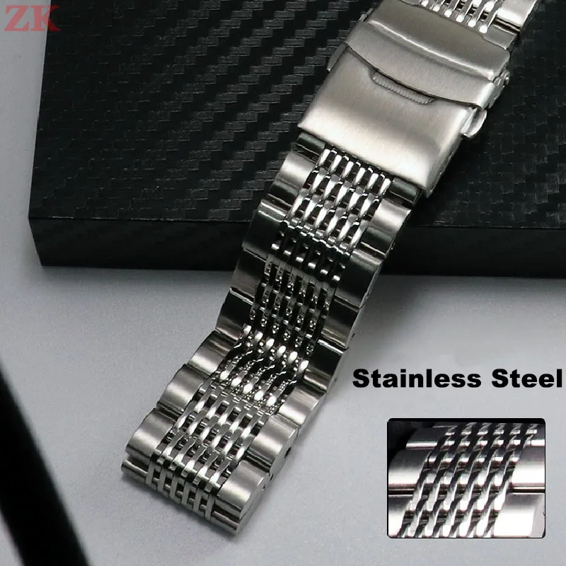 Bright Steel Strap 20mm 22mm 24mm Stainless Steel Watchband for Seiko Metal Bracelet Watch Band Dive Buckle Strap Silver Black