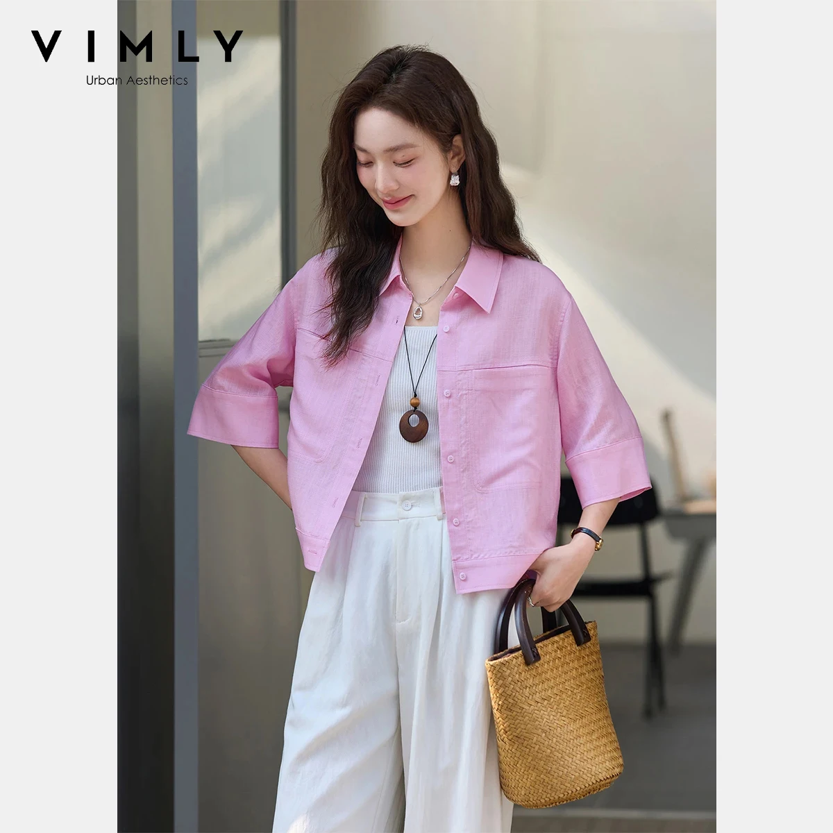 VIMLY Women's Pink Cropped Jacket 2026 Spring Summer Linen Lapel Collar Real Pocket Versatile 3/4 Sleeve Shirt Jacket A6207