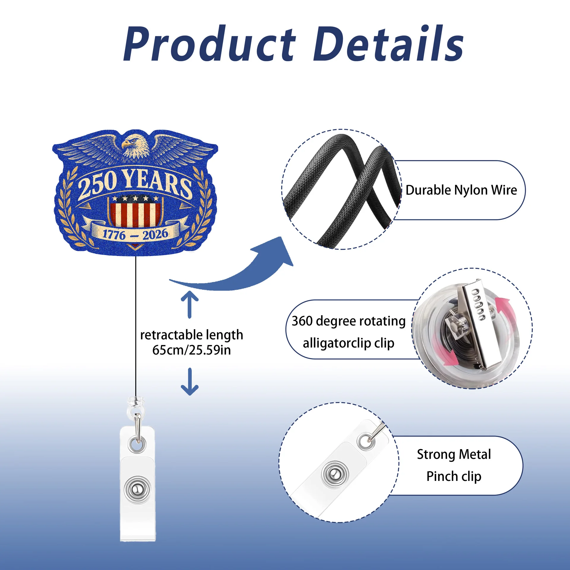 1pc 250th Anniversary of The United States Retractable Badge Reels Patriotic Glitter ID Badge Holders with Alligator Clip