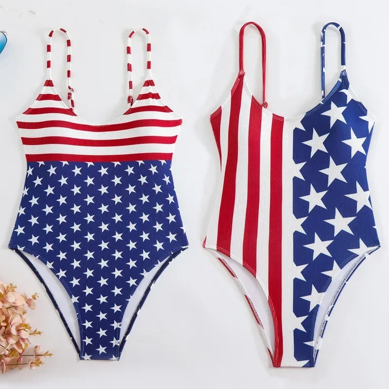 

Новый усовершенствованный цельный купальник 2025 года, ткань в полоску с принтом национального флага для похудения, трансграничный интегрированный дизайн