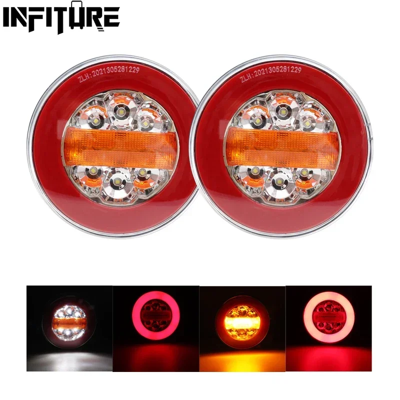 2Pcs Round LED Truck Tail Light 12V 24V Dynamic Running Turn Signal Rear Lamp Trailer Brake Lights Pickup Car Tractor Taillights