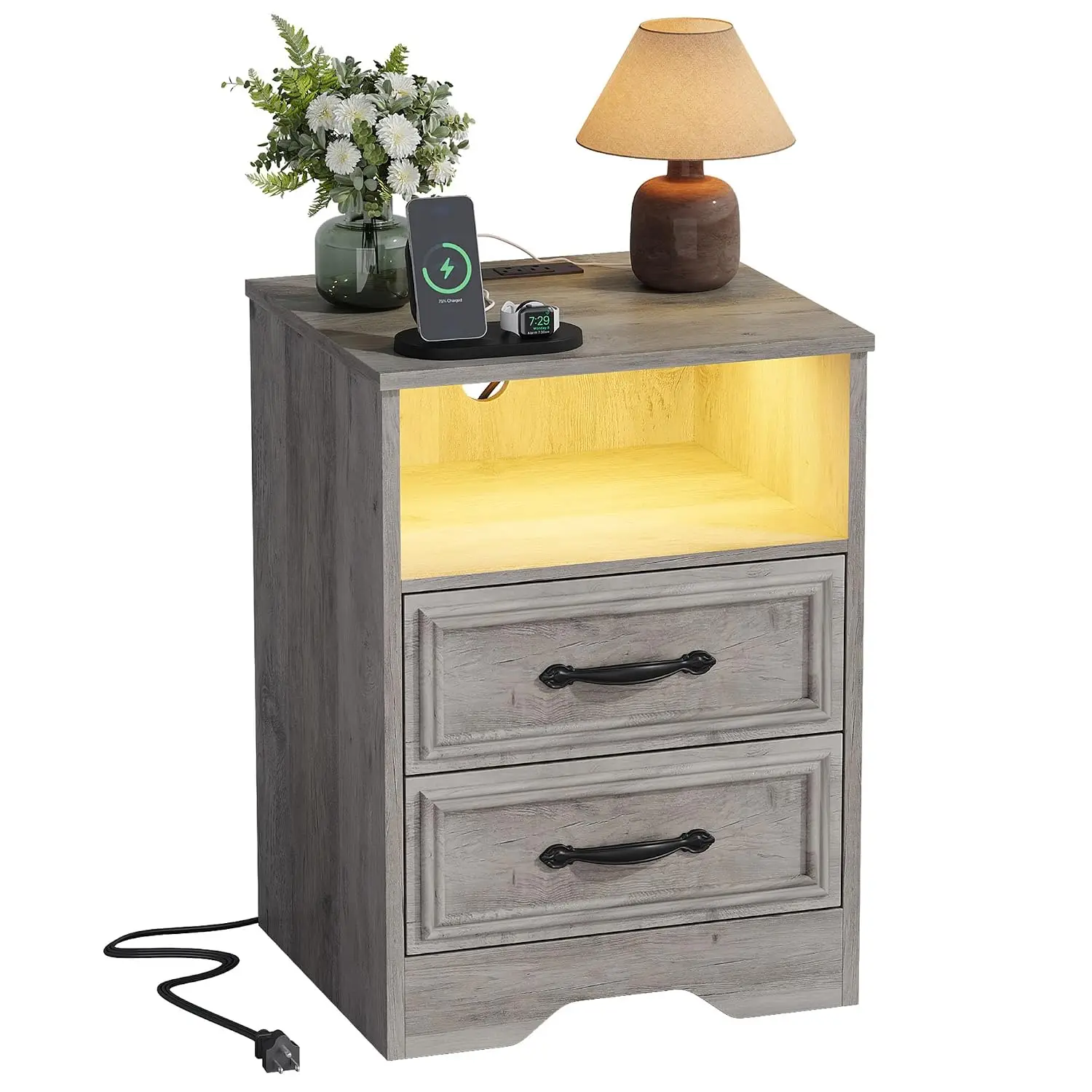 Farmhouse Grey Nightstand Charging Station LED Light 2 Drawers Open Shelf 2 AC Outlets USB USB-C Bedroom Living Room, Customized
