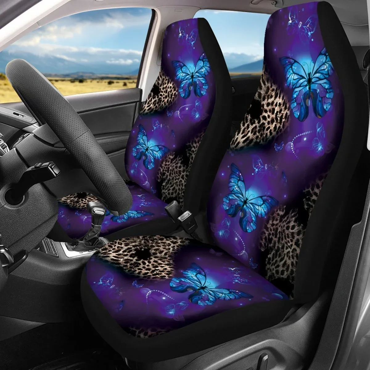 Leopard Butterflies Car Seat Cover Set for Women Universal Fit SUV Truck Sedan Elastic Front Back Seat Cover Auto