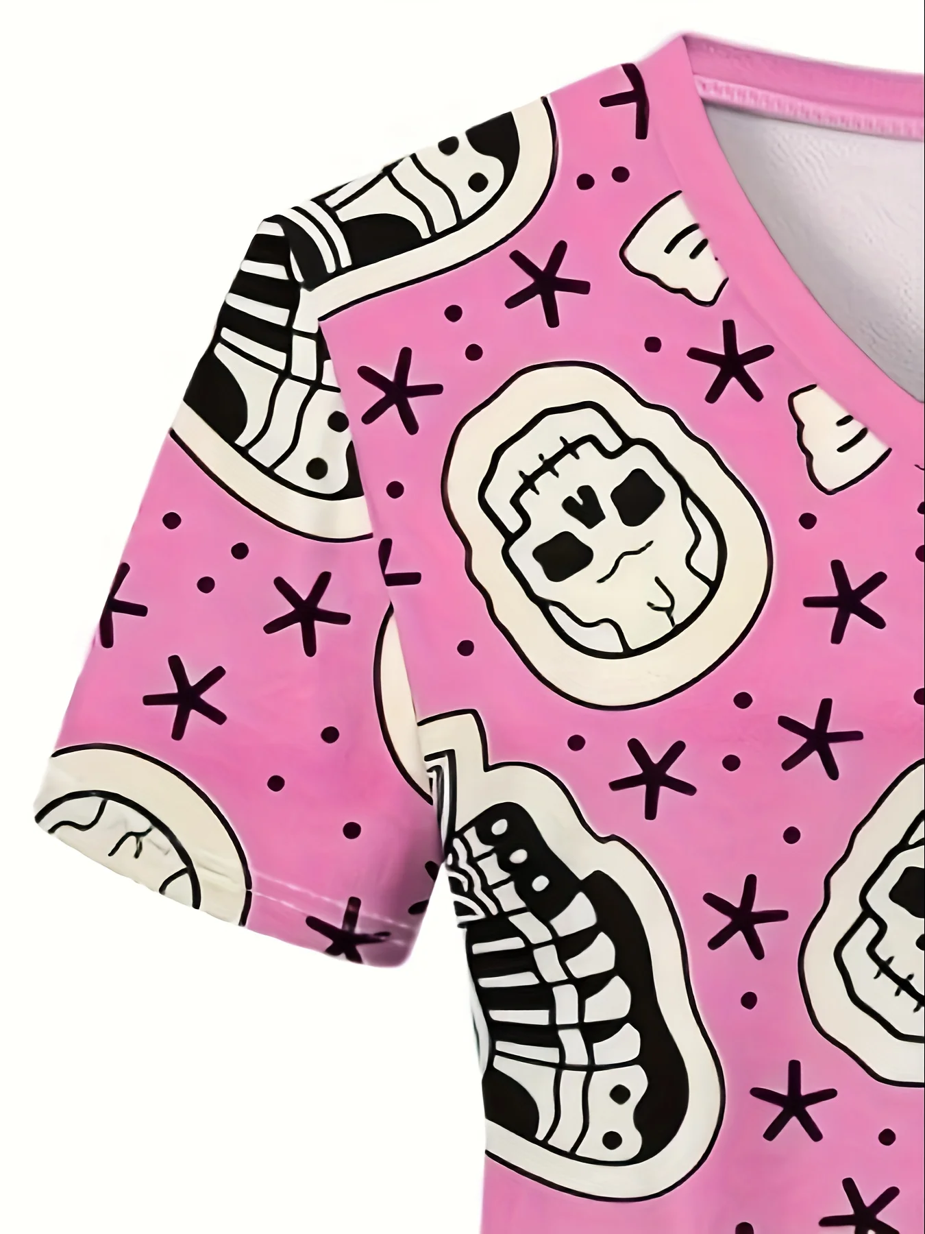 2025年夏 スケルトンバタフライプリント Vネックスクラブトップ 看護師ユニフォームトップ、病院勤務に最適 レディースワークウェア