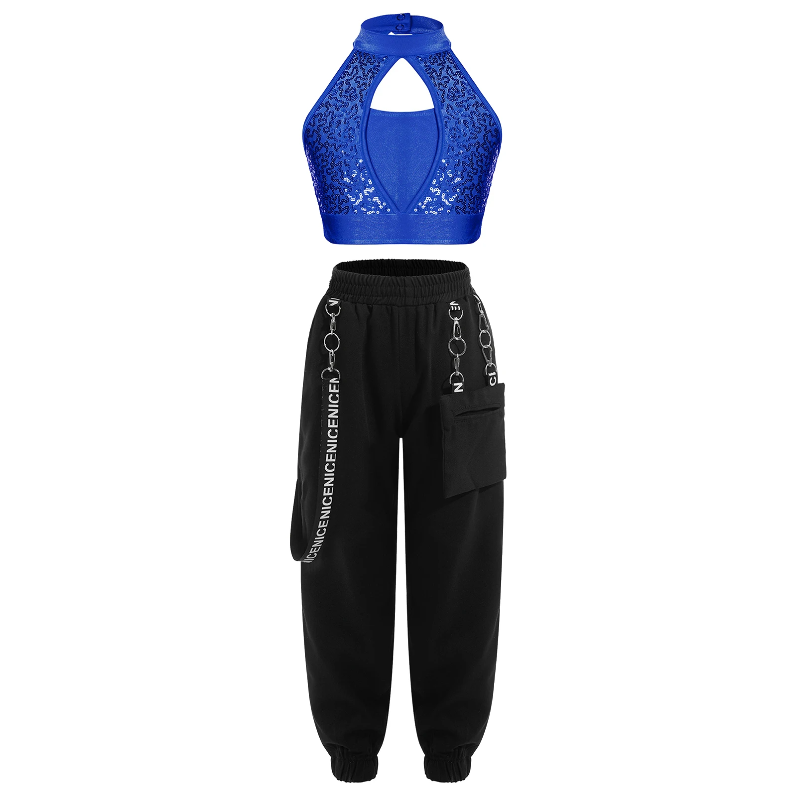 

Kids Girls Two-Piece Shiny Sequin Jazz Hip-Hop Dance Outfits Hollow Front Sleeveless Crop Top with Pants Set for Carnival Party
