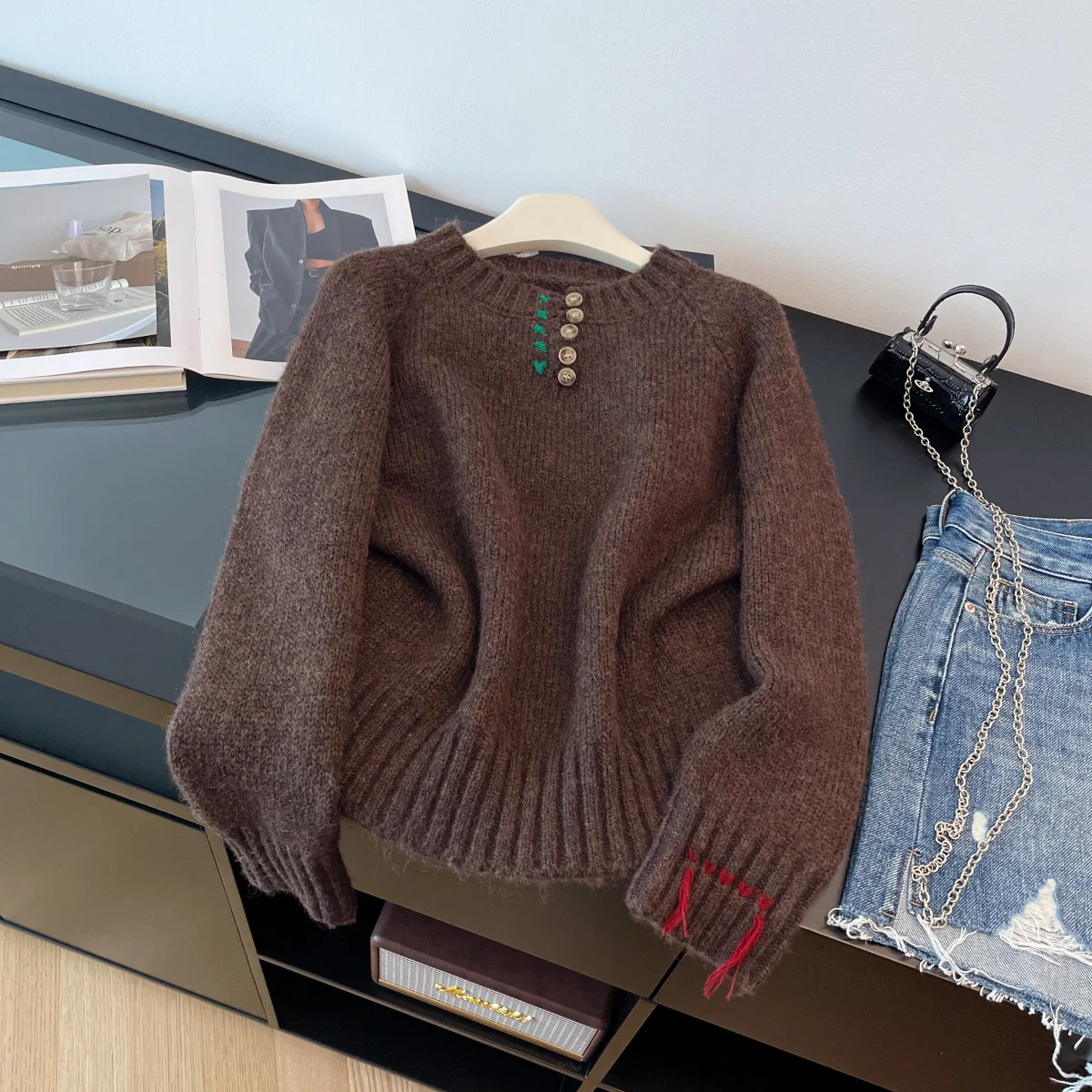 المرأة المشمش الخامس الرقبة متماسكة البلوز سترة 2000s خمر الكورية نمط طويلة الأكمام دافئ سترة الكشمير المعنقة للنساء الملابس 2025 #3