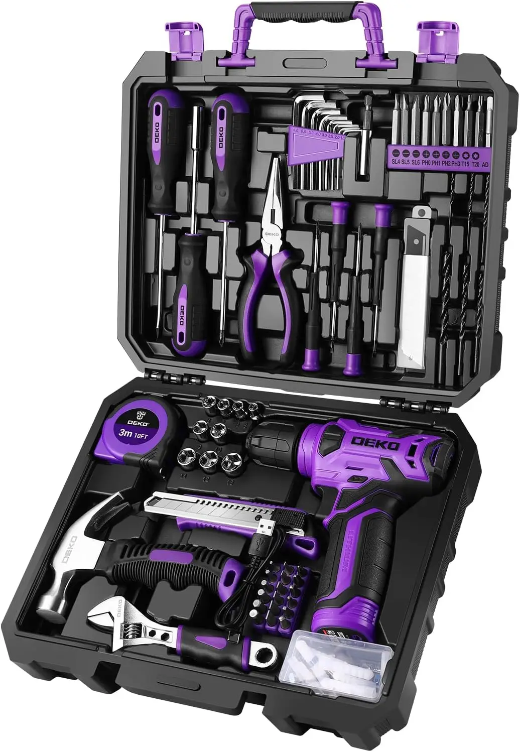 

Tool Set: Tool Kit with 8V Cordless Drill Hand Toolbox with storage case Tool set for Home Repairs 126 Piece Purple