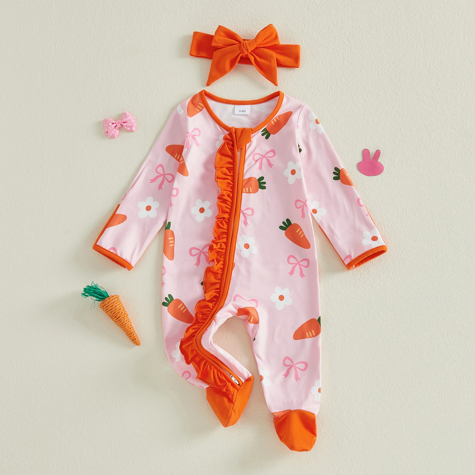 VISgogo Easter Baby Girls 2 Piece Outfits Adorable Carrot Eggs Print Long Sleeve Round Neck Footed Jumpsuit and Bow Headband Set