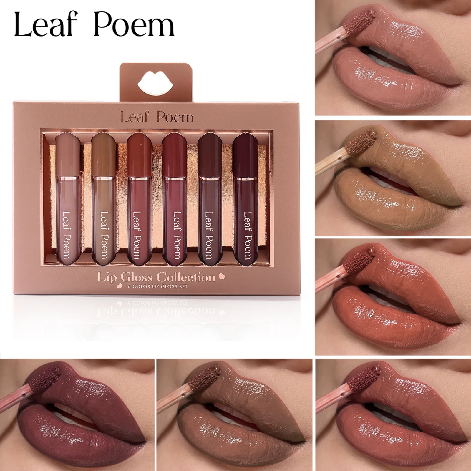 6 Pcs Nude Brown Lip Gloss Set Long Lasting Glossy Liquid Lipstick Waterproof Moisturizing Hydrating Lipstick Non Stick Cup Gift