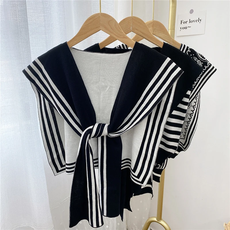 Solid Color Knitted Shawl Simple Blouse Shoulders Fake Collar Cape Black White Stripe Scarf Wraps Cloak Wool Scarves Women