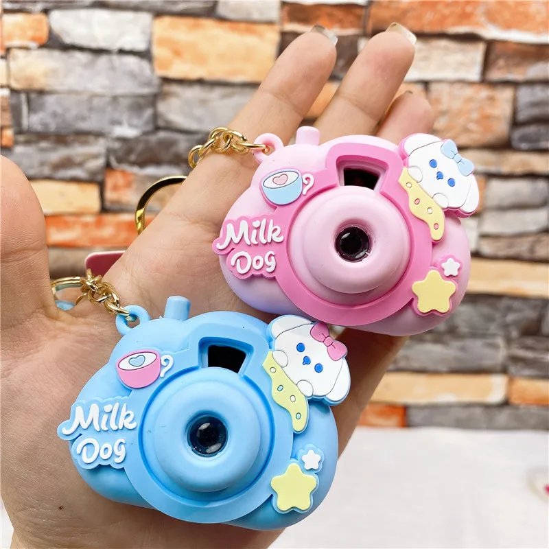 3pcs Cartoon Milk Dog Cloud Dessert House Projector Key Chain Girl Bag Charm Cute Star Bell Animal Camera Hanging Keyring Gift