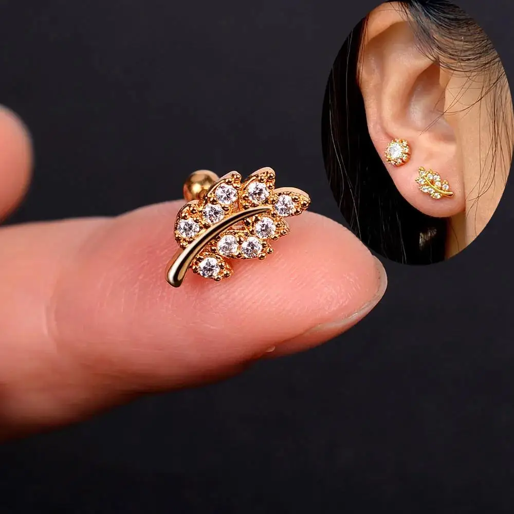 Pendientes de acero inoxidable para mujer, Piercing de hélice Tragus de hoja de flor, Mini cristal CZ, joyería fina de hueso de oreja para niñas, 1PC