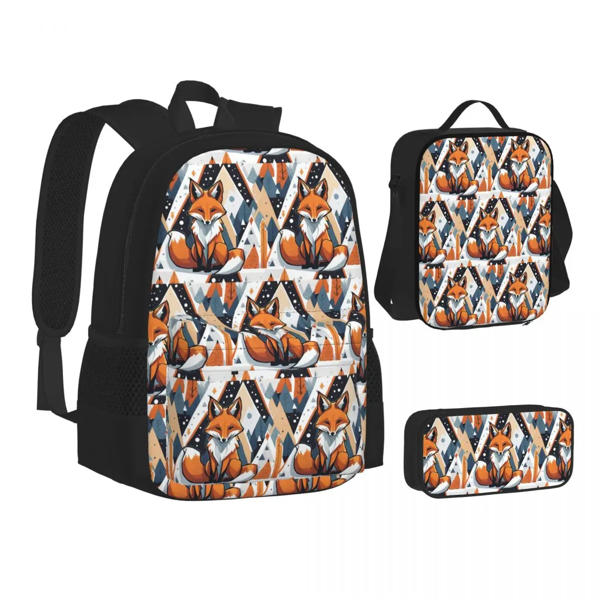 Smiling Geometric Fox Backpacks Students Bookbag School Bags Children Rucksack Lunch Bag Pen Bag Three-Piece Set