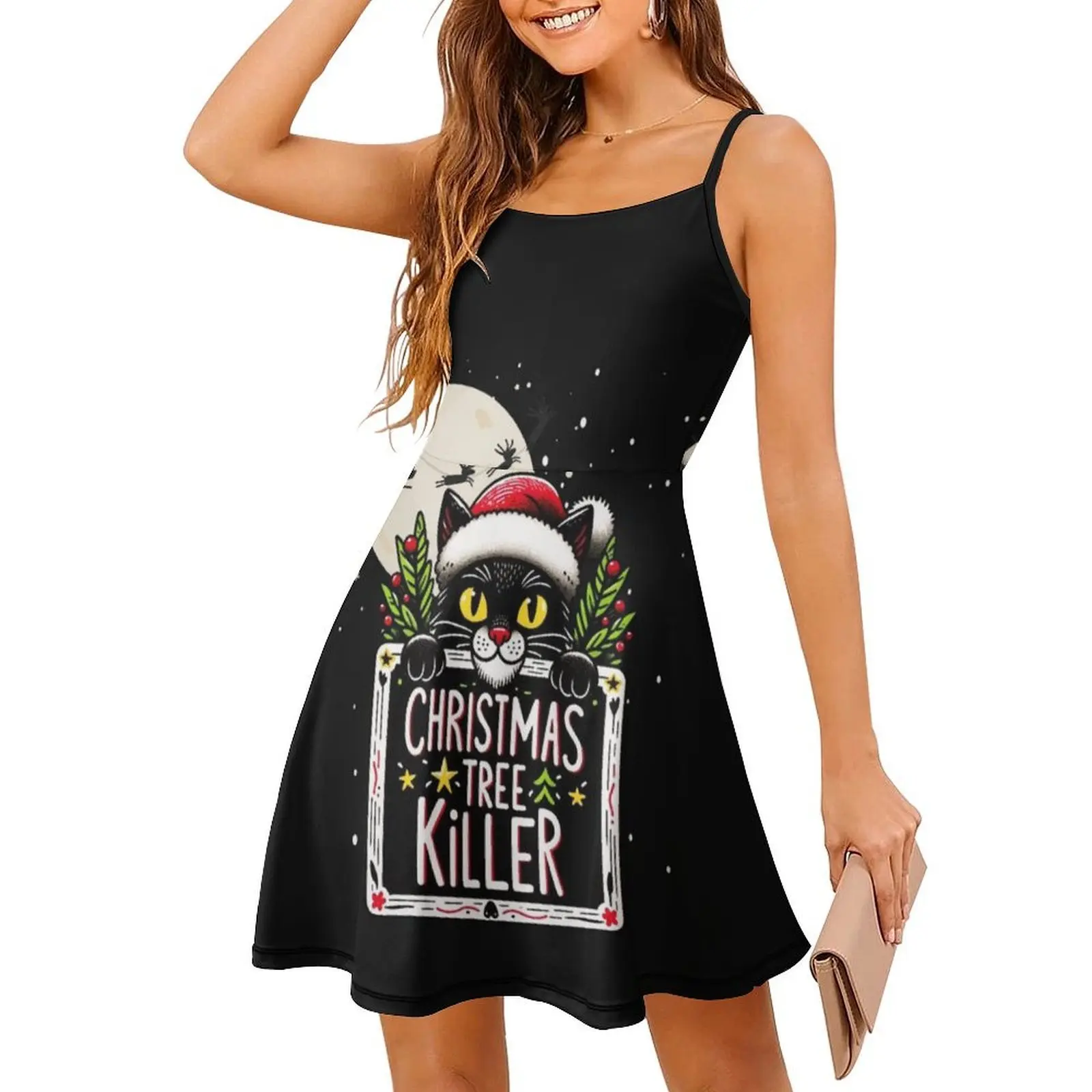 فستان على الطراز الكوري لشجرة عيد الميلاد للنساء، فستان كاجوال أنيق للحفلات أو الارتداء اليومي، Cat Kill Santa Scaredy Cat