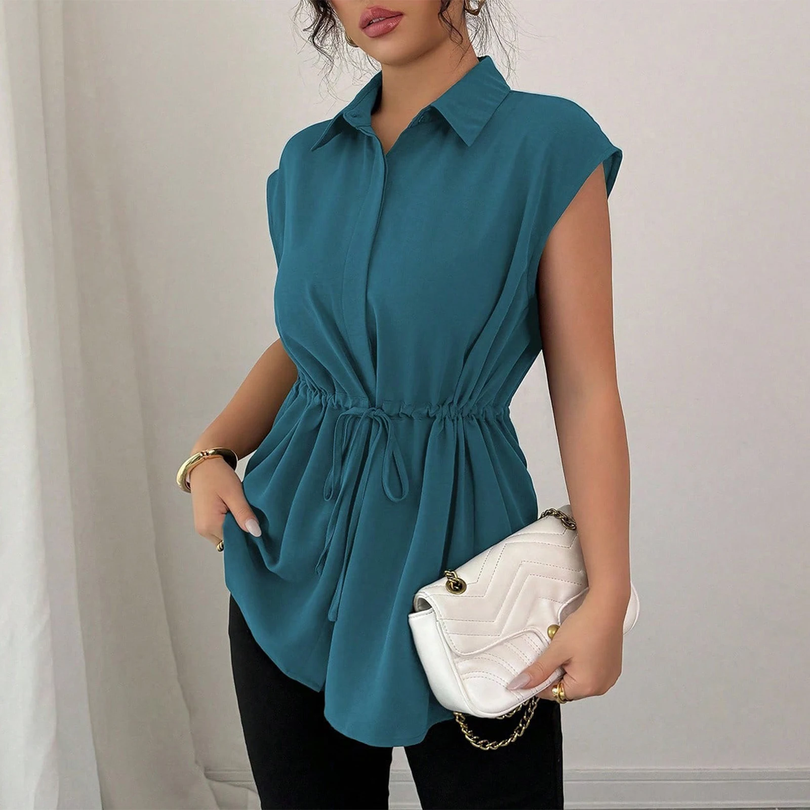 Chemise d'été sans manches pour femmes, ample, à lacets, ceinture, couleur unie, revers, manches courtes, chemises de transport décontractées