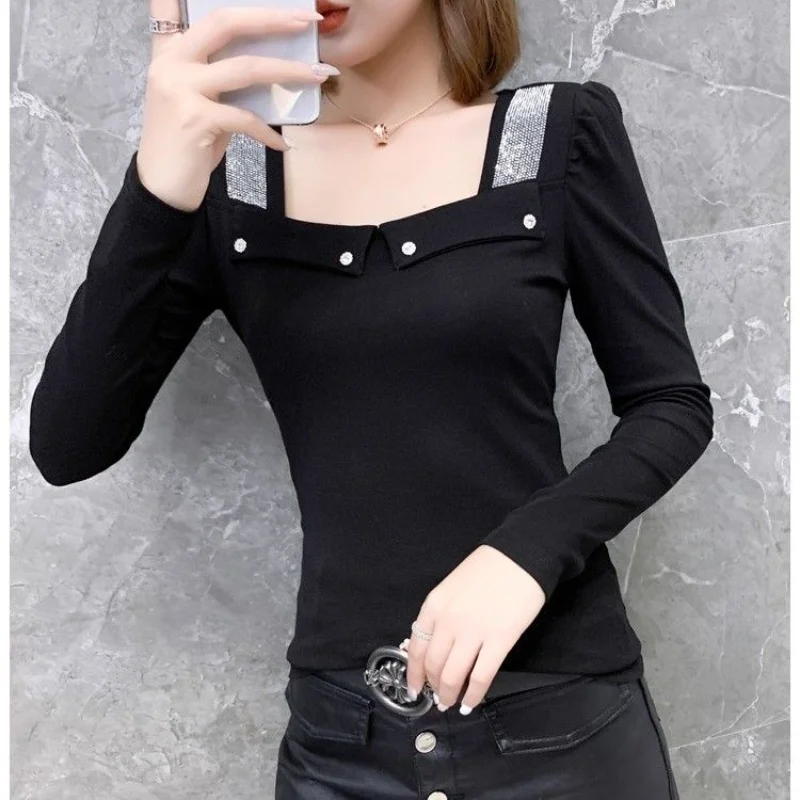 

Designed Perm Square Collar Long-sleeved Women's Autumn and Winter Splicing Fashionable Solid Color Beaded Bottoming Top