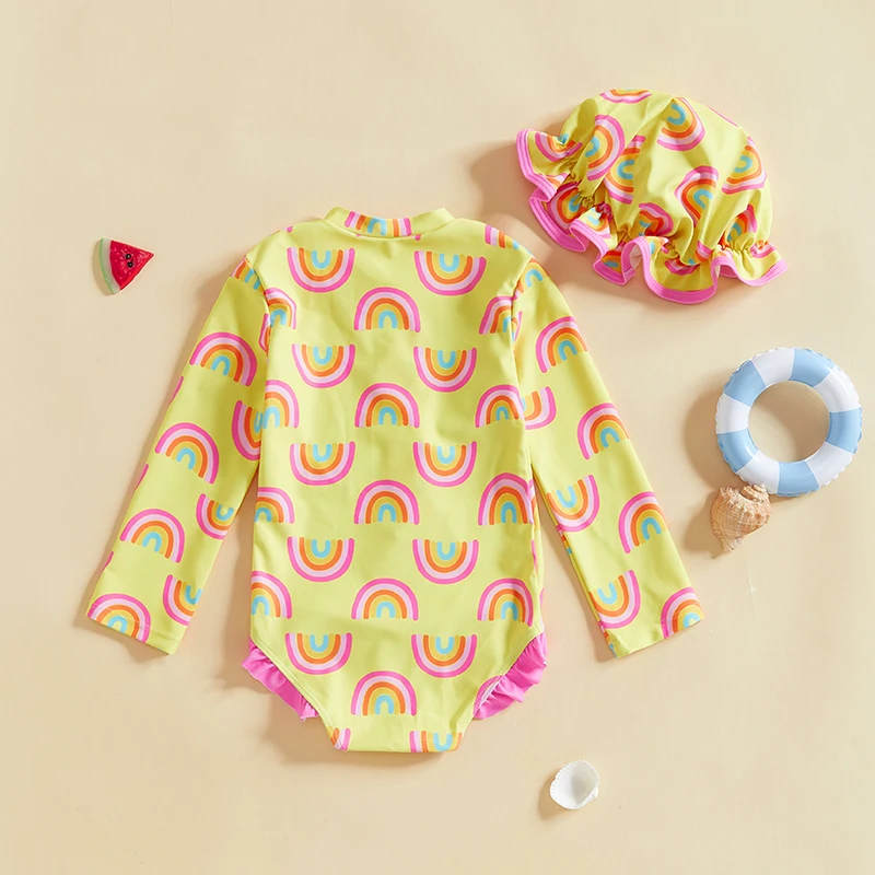 Children s Rainbow Print Long Sleeve Rash Guard Swimsuit with Ruffle Detail and Matching Swim Cap for Girls