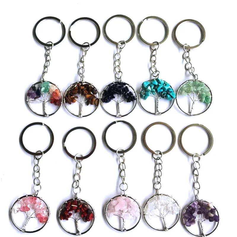 10pcs Women Natural Chip Quart Stone Bead 30mm Heart Round Tree of Life Keychains Lanyard Wholesale Key Rings