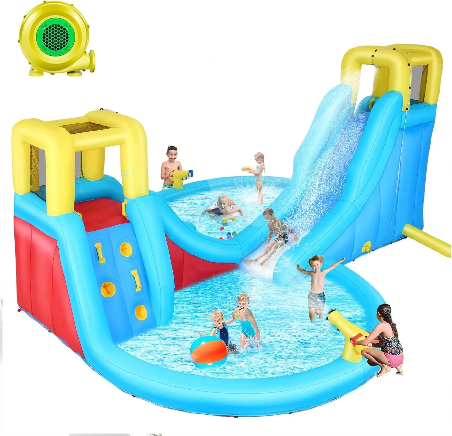 Circular Inflatable Water Park for Kids Backyard with Climbing Wall, Basketball Hoop, Splash Pool, and Water Cannon - Outdoor Blow Up Water Slide