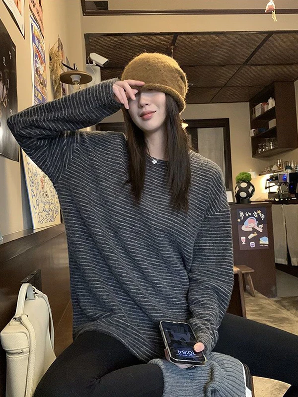 

plus Size 300 Pou Women's round Ne Sweatirt Casual Striped Long Sve Base Layer T-irt Winter Commute Faion
