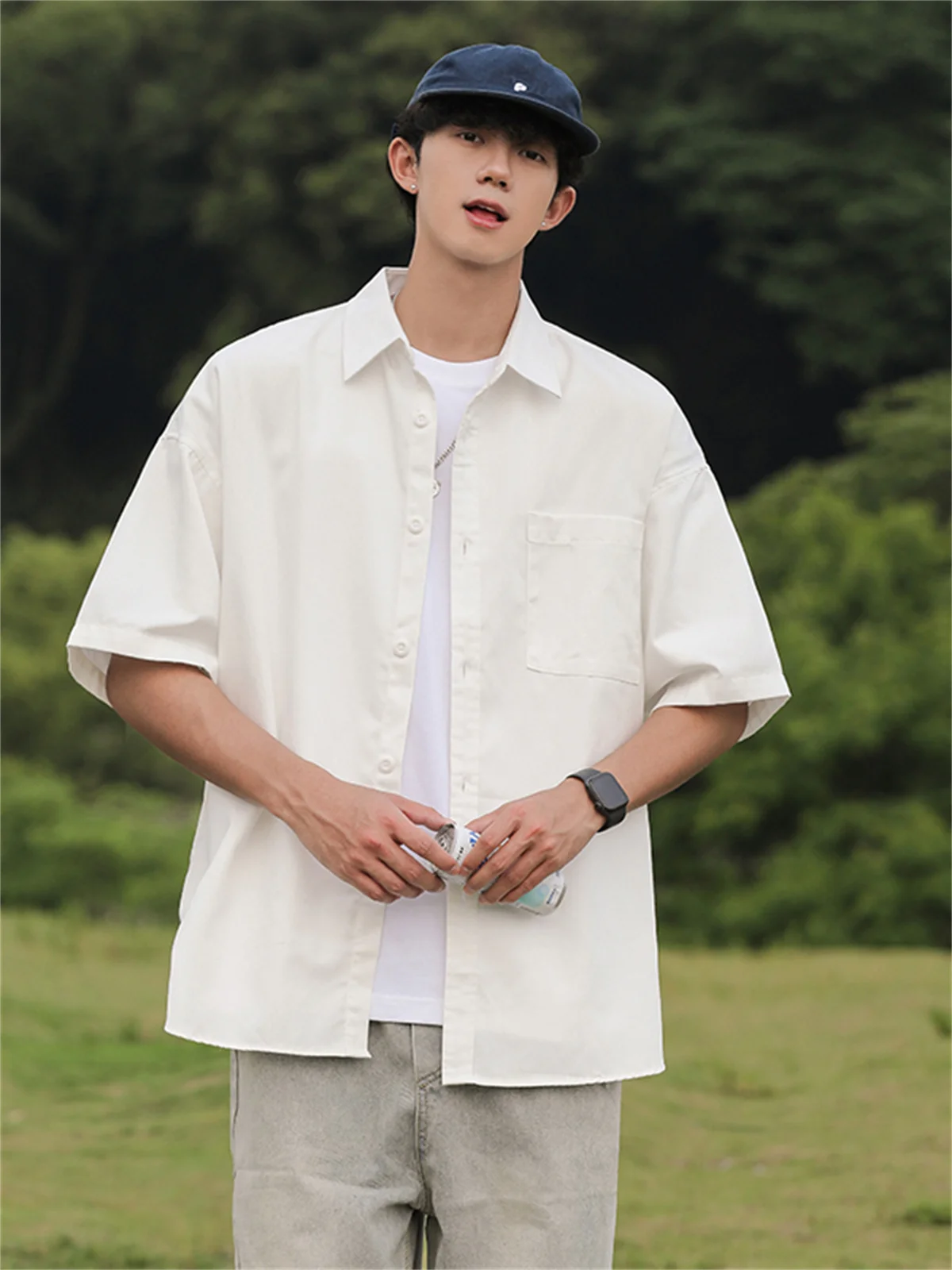 

Japanese Style Loose Fit Short Sleeve Pure Color Casual Shirt for Men Summer Trendy Brand Turn Collar Versatile Loose Workwear
