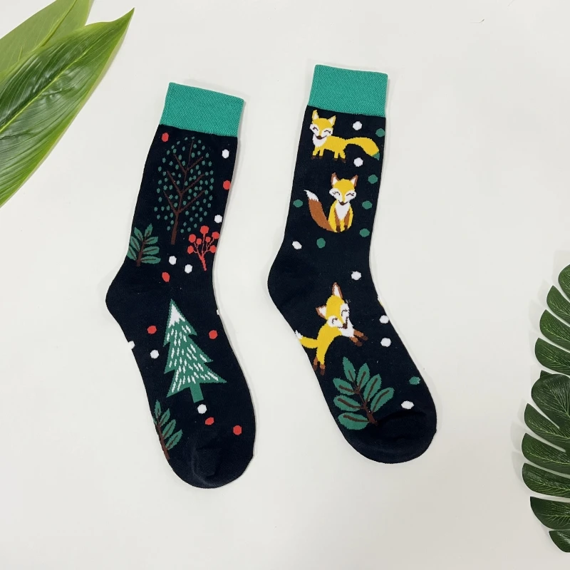 1 Pair Forest Plant Cute Fox Pattern Personalized Fashion AB Style Men\'s Mid-Calf Socks Suit In All Seasons