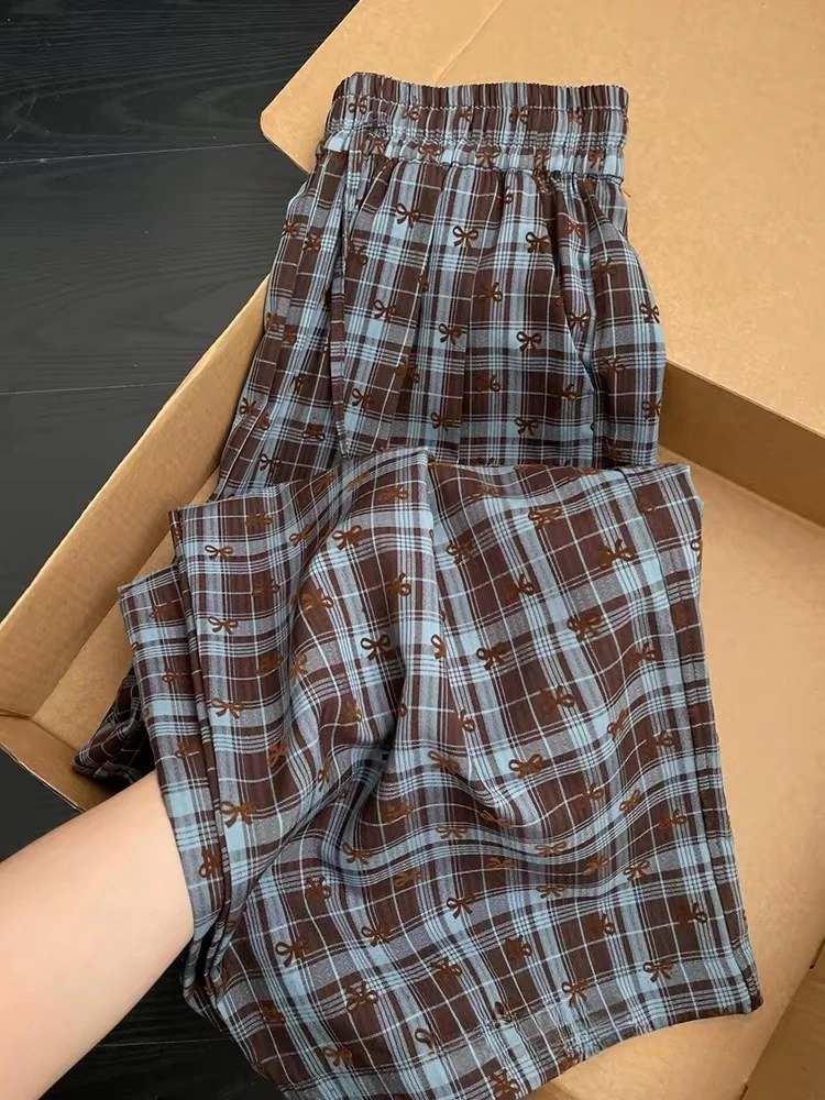 

New Women's Bow Print Plaid Pajama Pants Retro High Waist Loose Lounge Pants Korean Style Sleepwear for Women Home Casual Pants