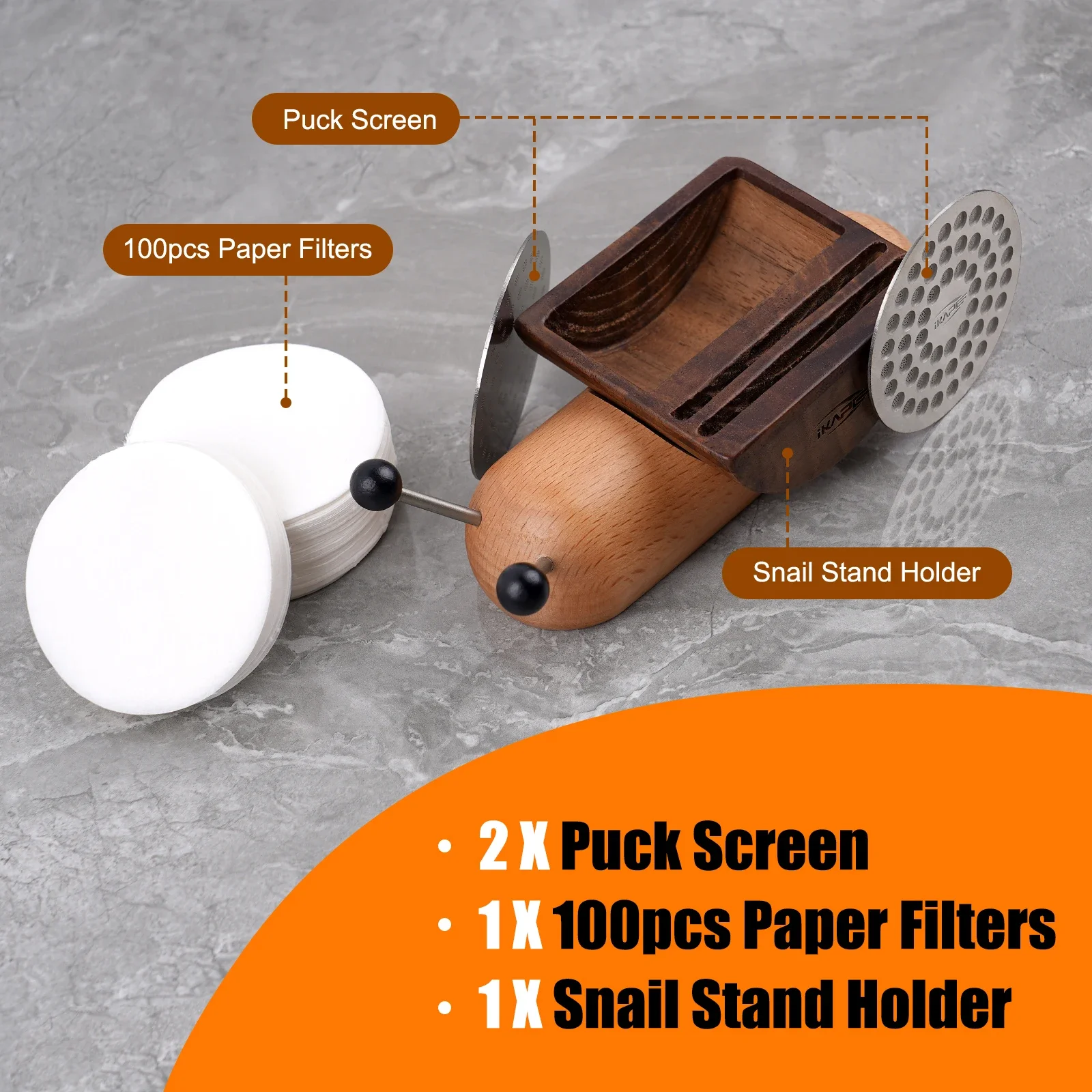 IKAPE Wooden Snail Organizer Puck Screens & Paper Fliters Kit, 100pcs paper Fliter, 2 pcs Ultra-thin puck screens, espresso tool