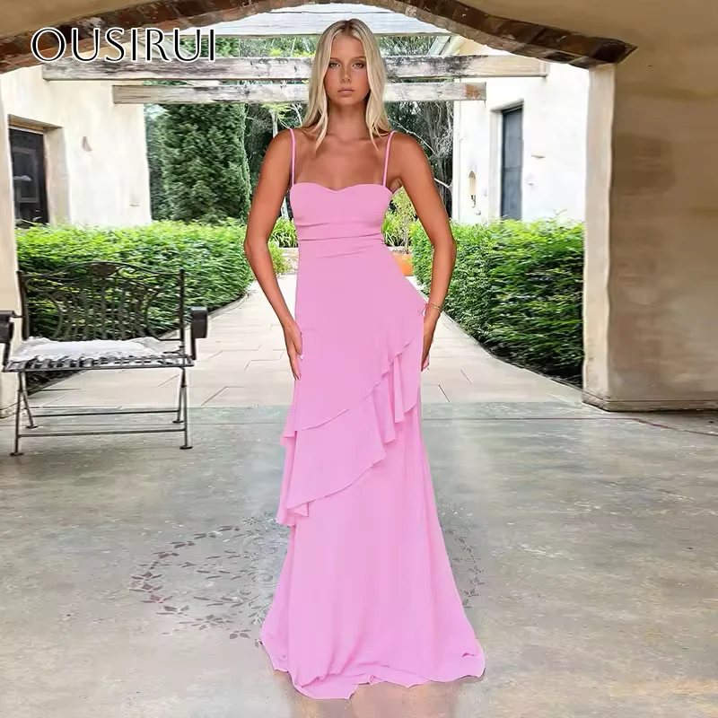 

Spaghetti Straps Chiffon Sheath Tiered Prom Dresses Floor Length Sleeveless Customized платье на выпускной