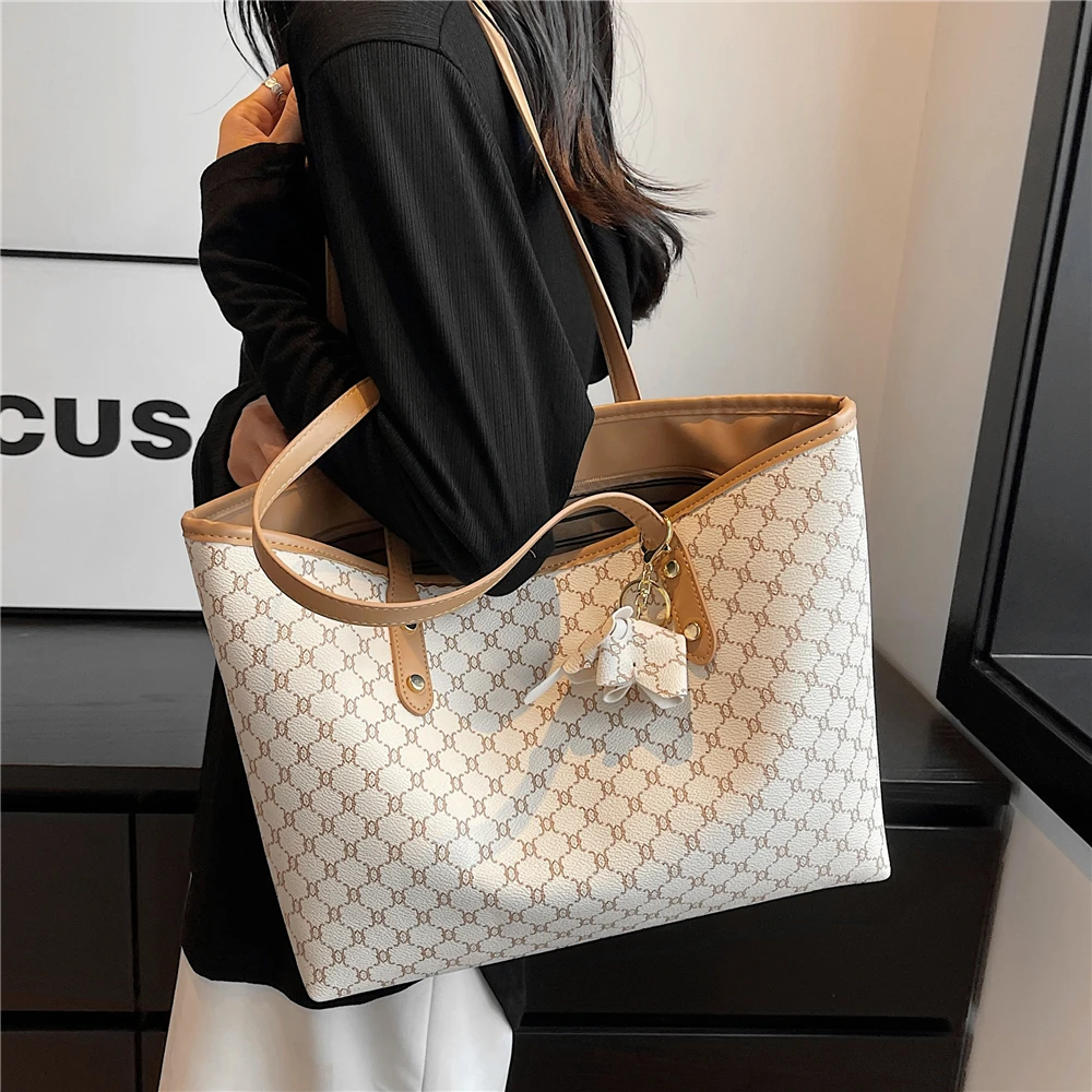 Burminsa Vintage Print Large Tote Bags For Women 2024 Trend Designer PU Leather Shopper Ladies Handbags Commuting Shoulder Bags