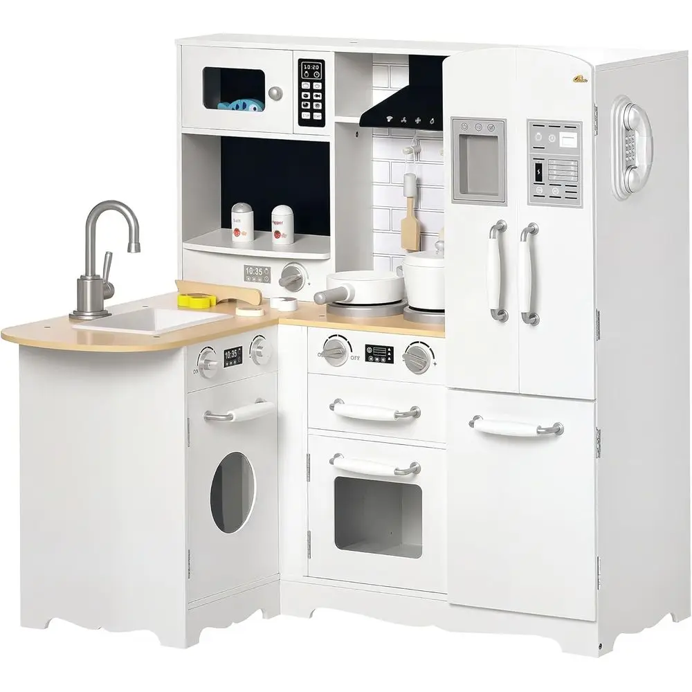 

Interactive Wooden Play Kitchen with Realistic Sounds for Toddlers Aged 3+